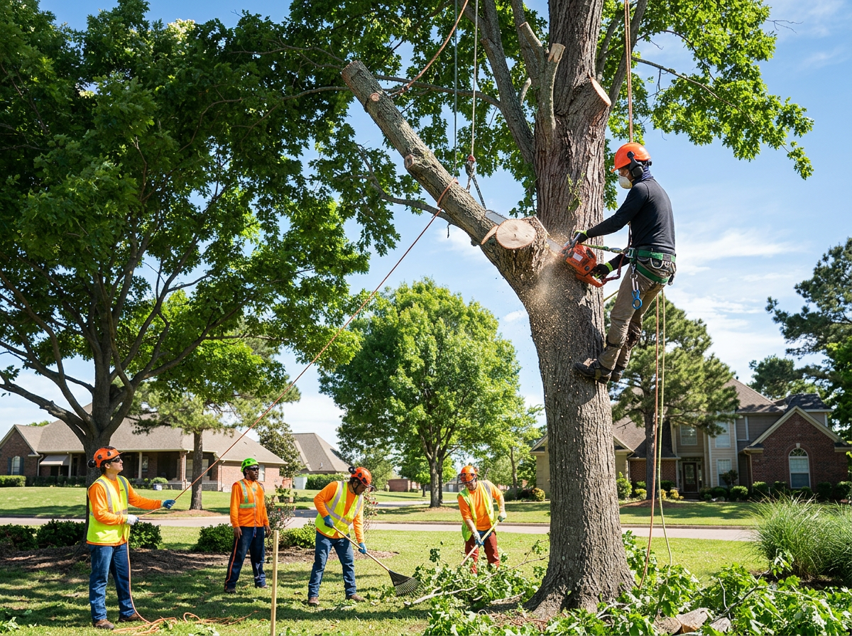 Professional tree service crew pruning a mature oak in a residential yard